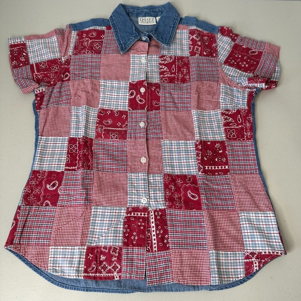 Quizz Again Patchwork Shirt Size‎ M Plaid Bandana Denim Collar Western
